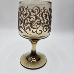 Vtg 70s Libbey Prado Wine Glass, Raised Scrolling, Smokey Brown, Replacement